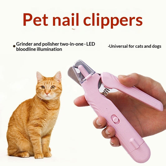Pet nail clippers with a cat and hand holding the tool on a white background