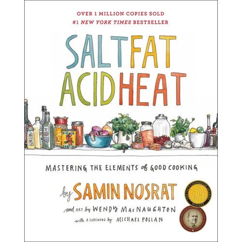 Book cover of 'Salt Fat Acid Heat' by Samin Nosrat with illustrations of kitchen items.