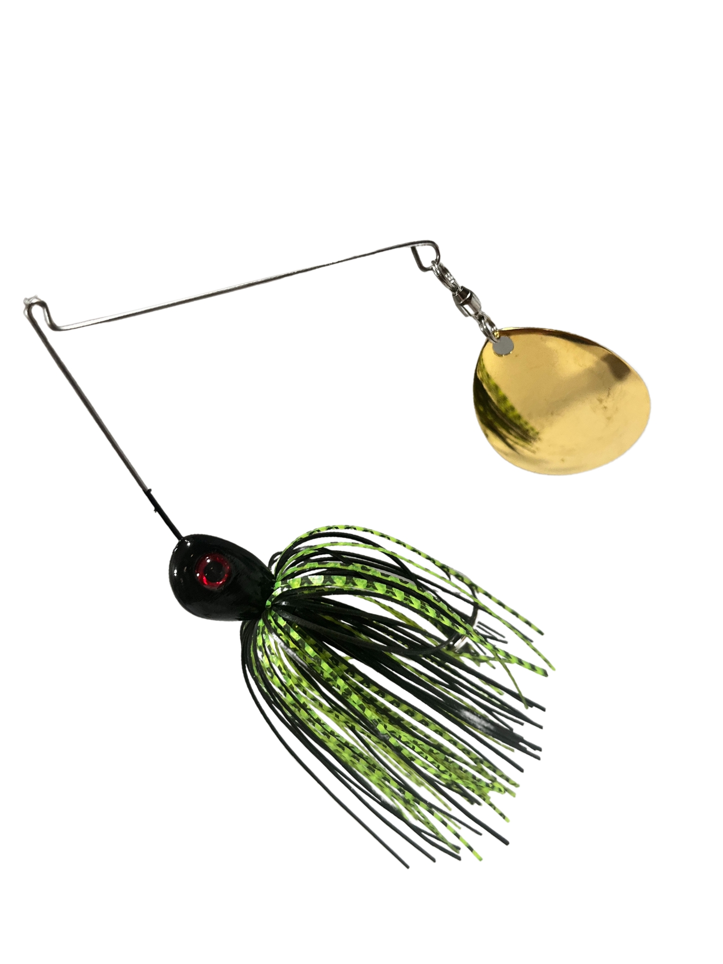 Fishing spinner lure with green and black skirt and gold blade on a white background