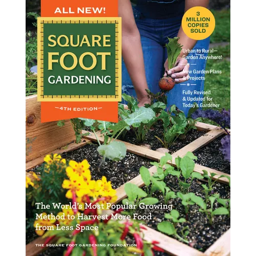 Book cover of 'Square Foot Gardening' with a person gardening and plants.