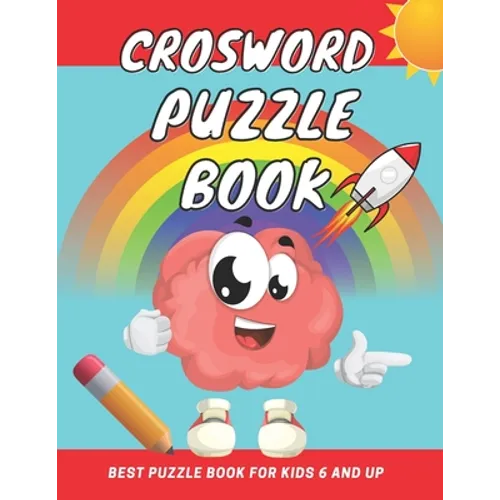 A children's crossword puzzle book cover featuring a smiling pink brain character, a rainbow, a rocket ship, a pencil, and the title 'CROSWORD PUZZLE BOOK' on a light blue background.