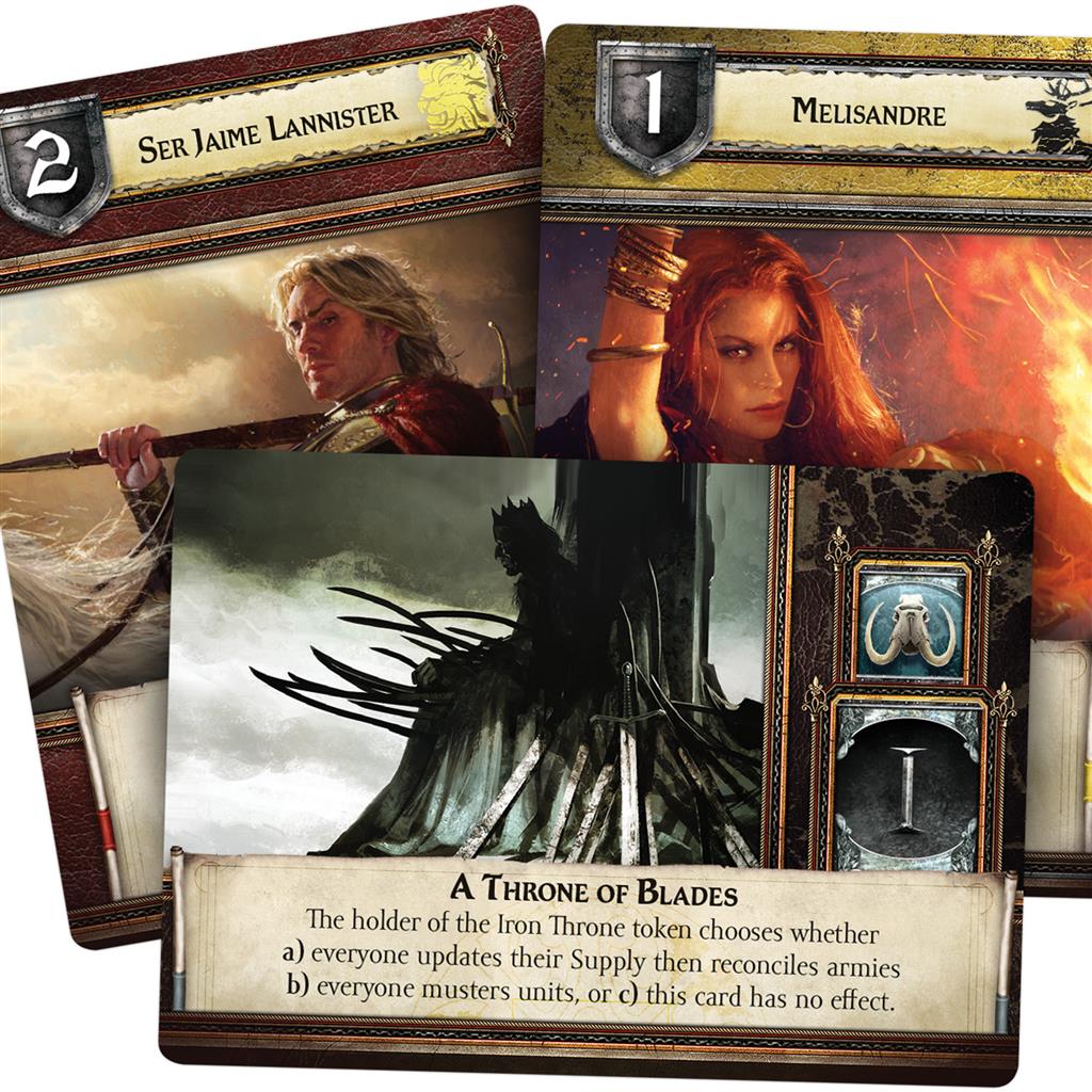 Collage of game cards featuring characters and a rule card from 'A Song of Ice and Fire'.