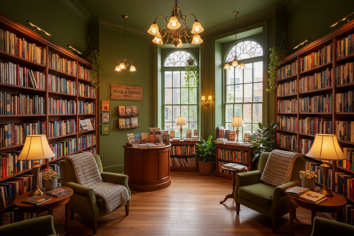 A warm and cozy bookstore interior with wooden shelves full of books and a reading nook