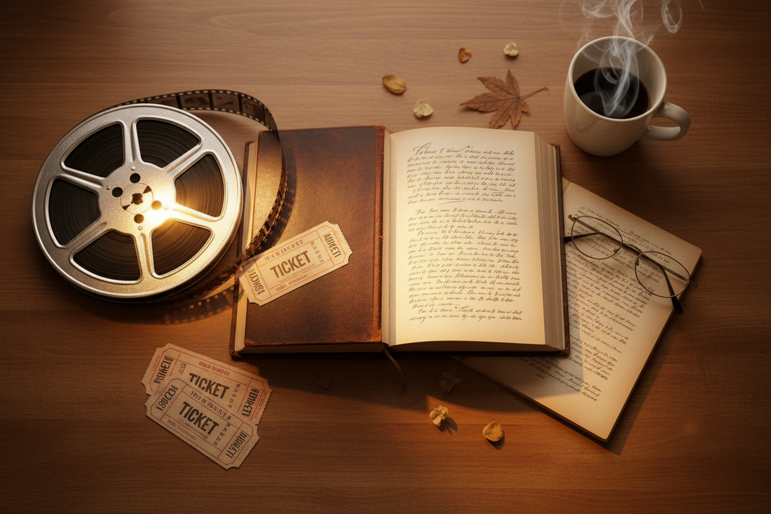 An open book, a film reel, movie tickets, and a steaming cup of coffee — symbols of storytelling through reading and cinema