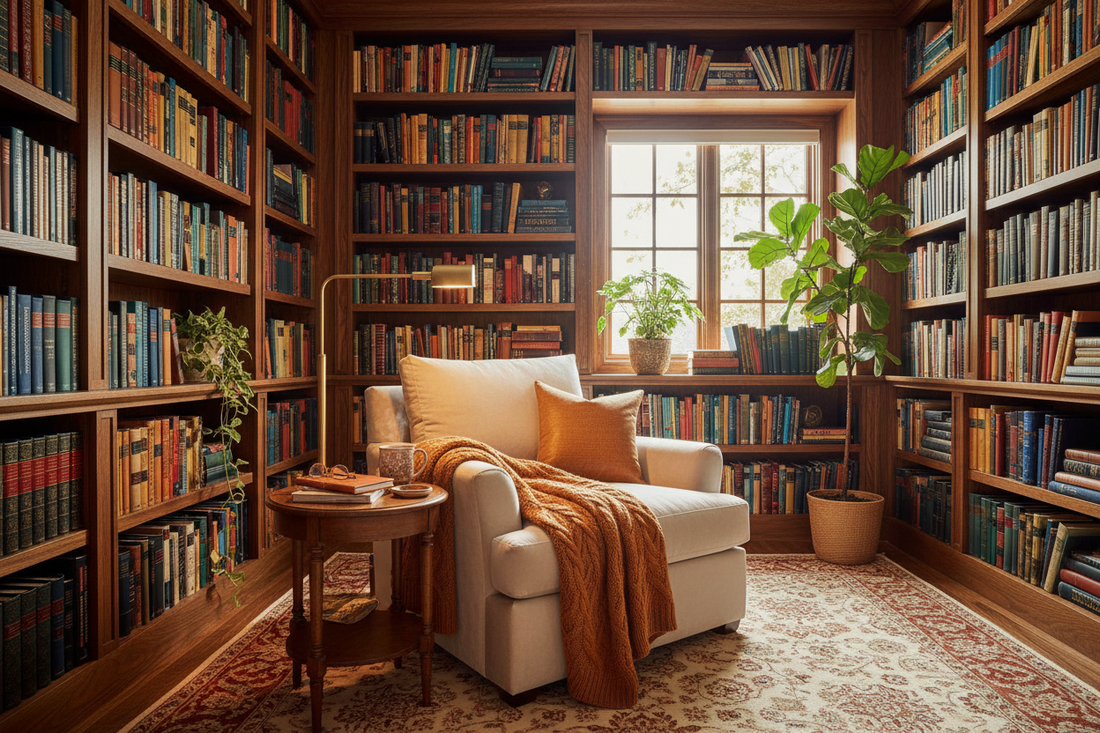 A cozy home library with books organized on shelves