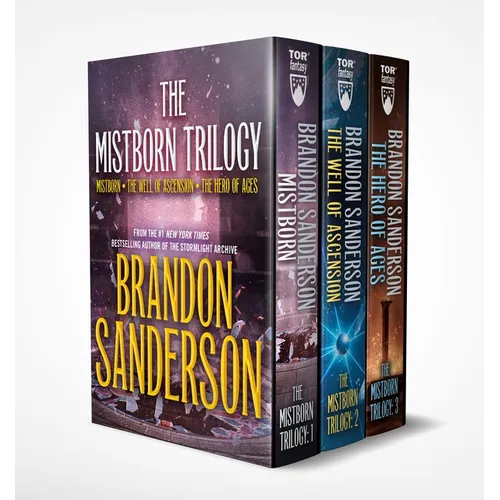 Three books from 'The Mistborn Trilogy' by Brandon Sanderson on a white background