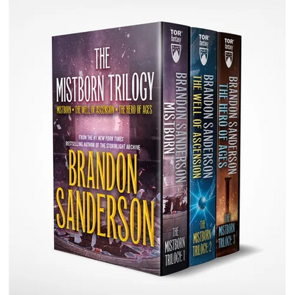 Three books from 'The Mistborn Trilogy' by Brandon Sanderson on a white background