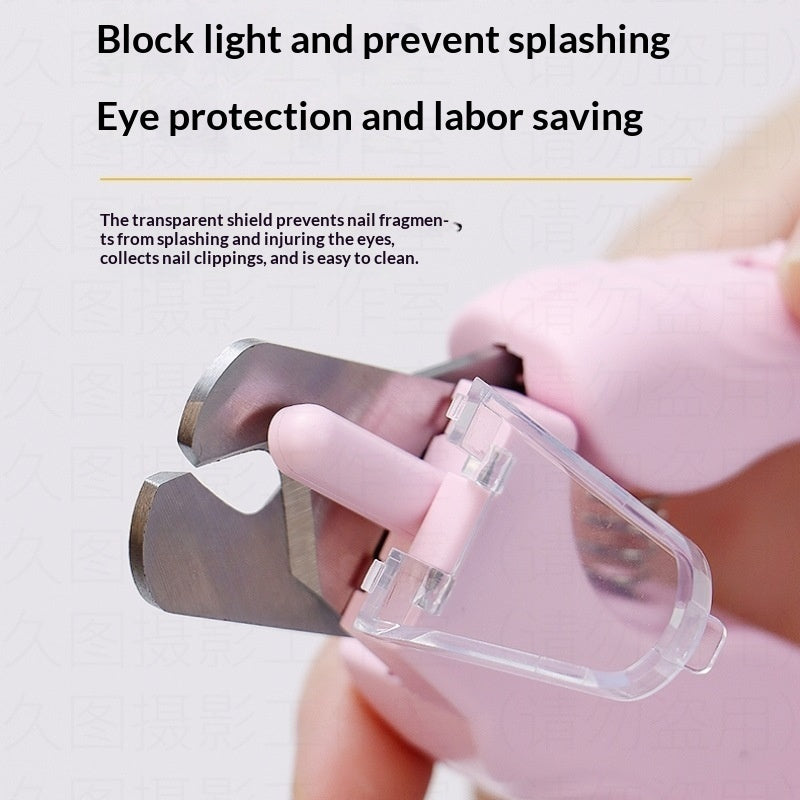 Transparent nail cutting shield held by a hand with text about its benefits.
