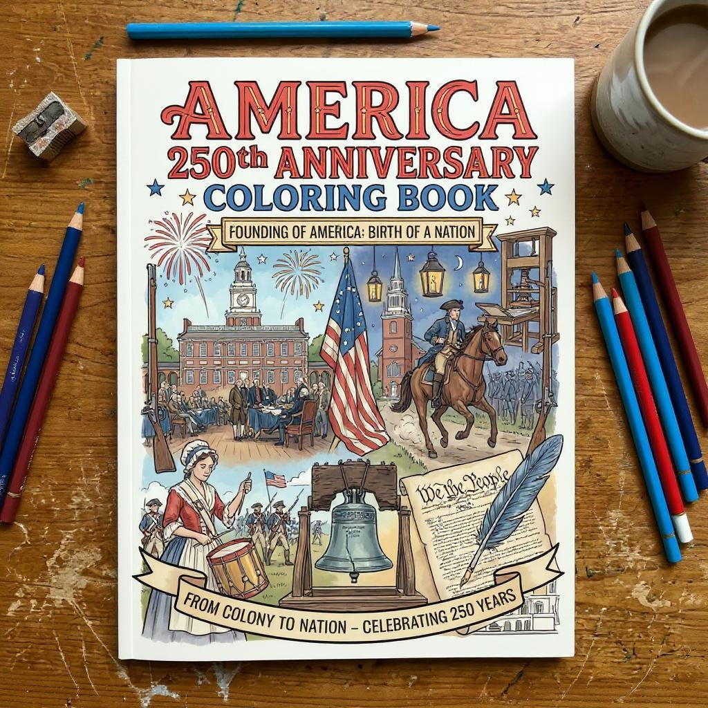 America 250th Anniversary Coloring Book on a wooden surface with coloring supplies.