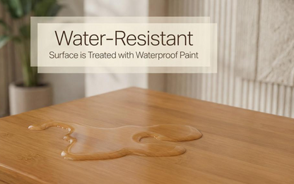 Wooden surface with a water spill and text overlay indicating water-resistant treatment.