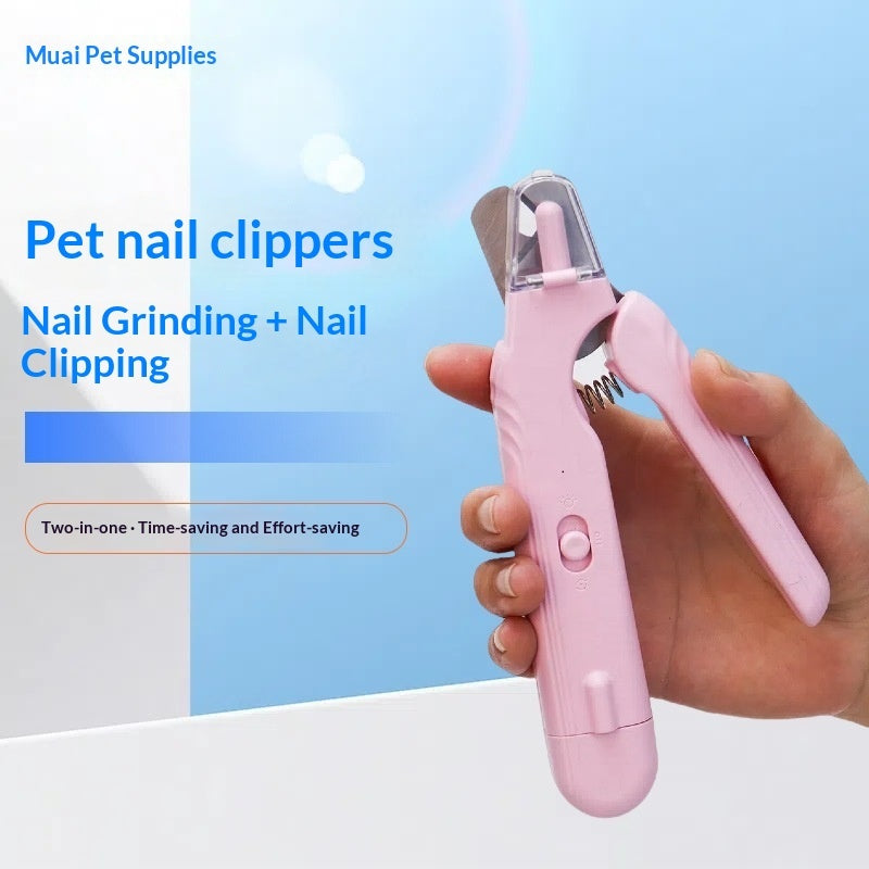 Pink pet nail clippers held in a hand with a blue background and text about the product.