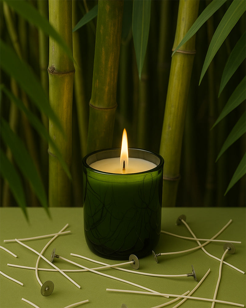 Candle in a green glass jar with burning wick, surrounded by bamboo and matches on a green surface.