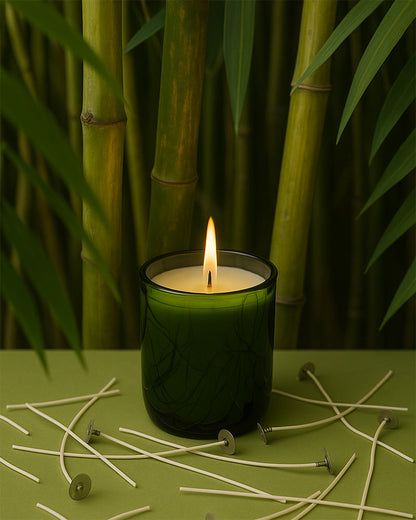 Candle in a green glass jar with burning wick, surrounded by bamboo and matches on a green surface.