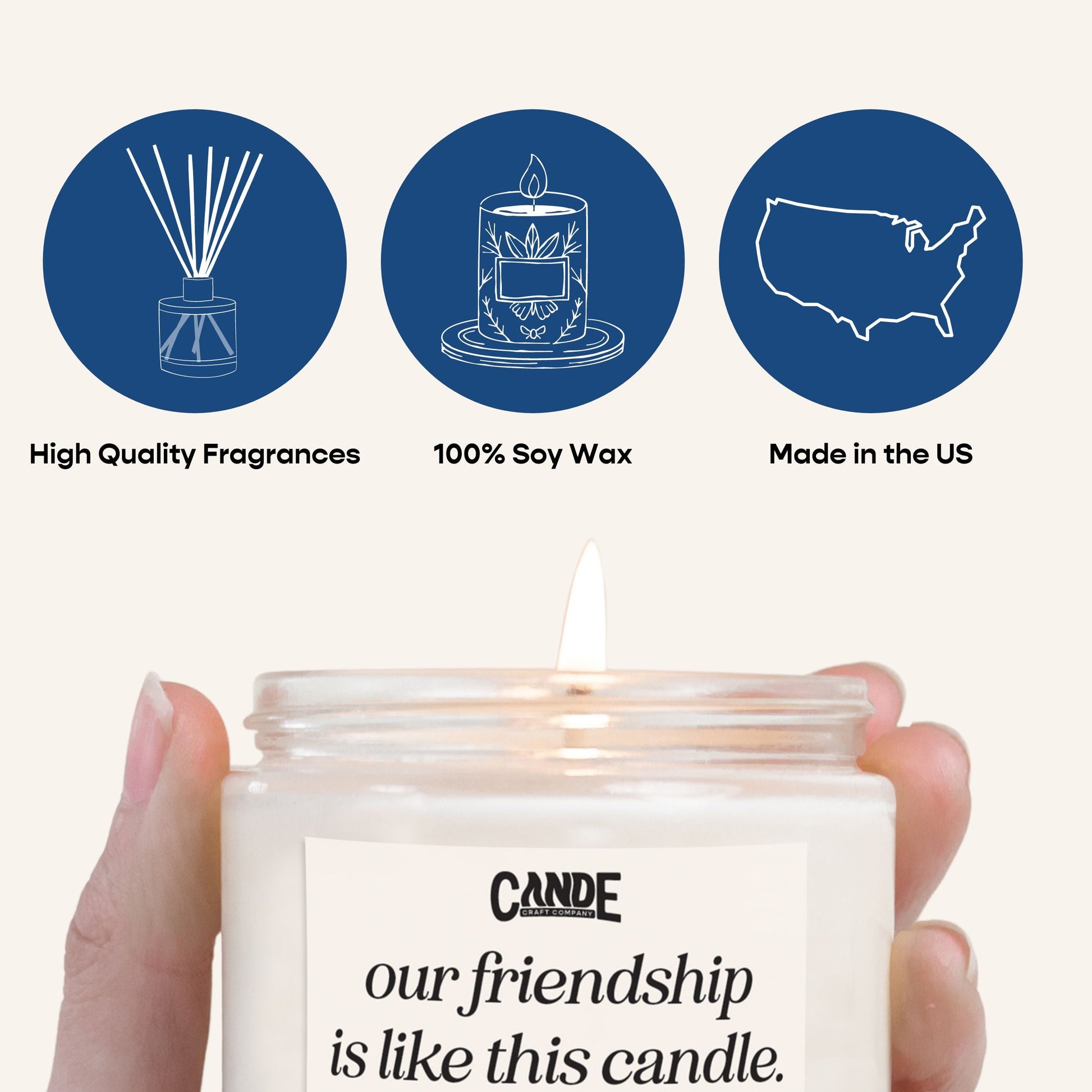 Candle held by a hand with 'Cande' branding and text, surrounded by icons and text about product features.
