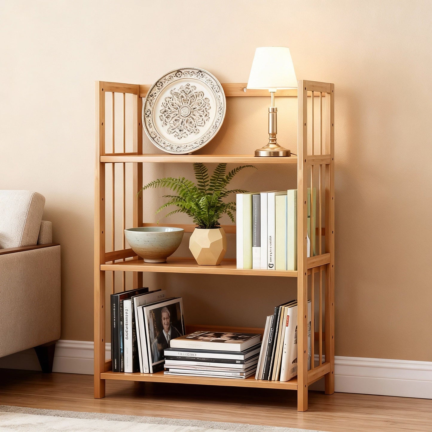 Wooden bookshelf with decorative items in a room setting