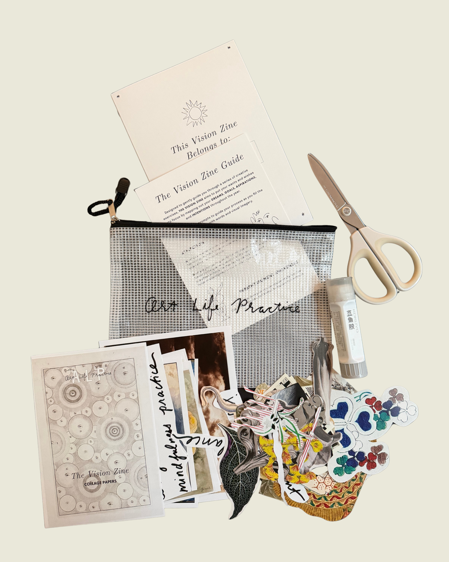 Collage of art supplies and materials on a light background