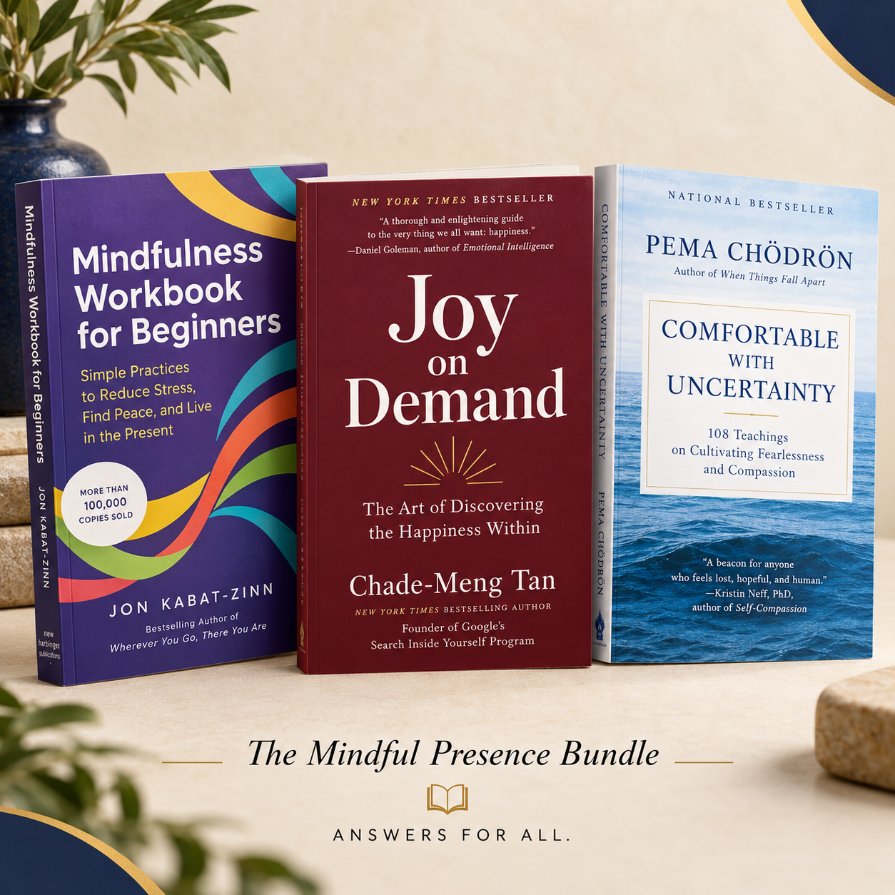 Three paperback books arranged upright on a warm cream textured background, slightly fanned — left book angled slightly left, center book straight and pushed slightly forward, right book angled slightly right.