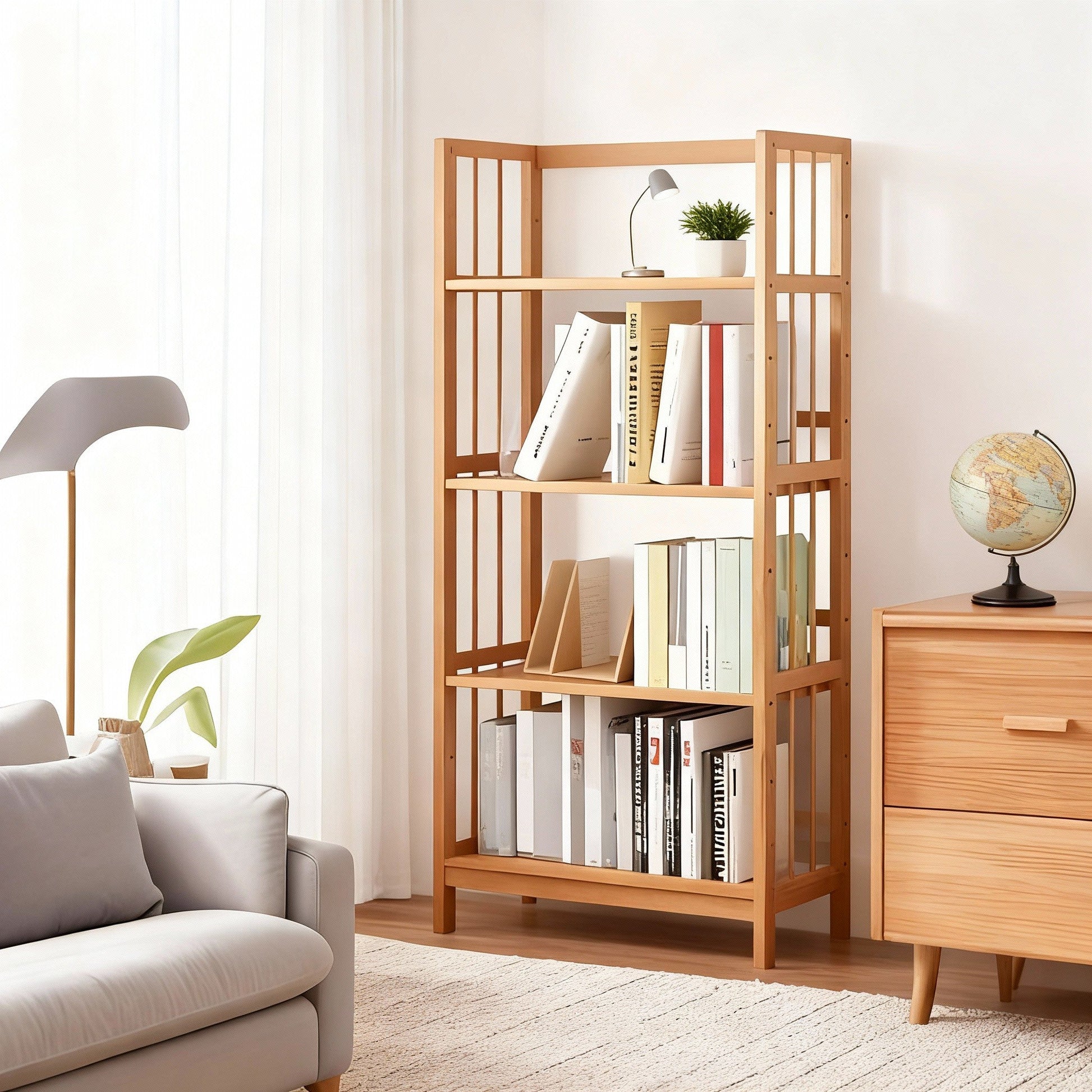 Wooden bookshelf with books in a living room setting