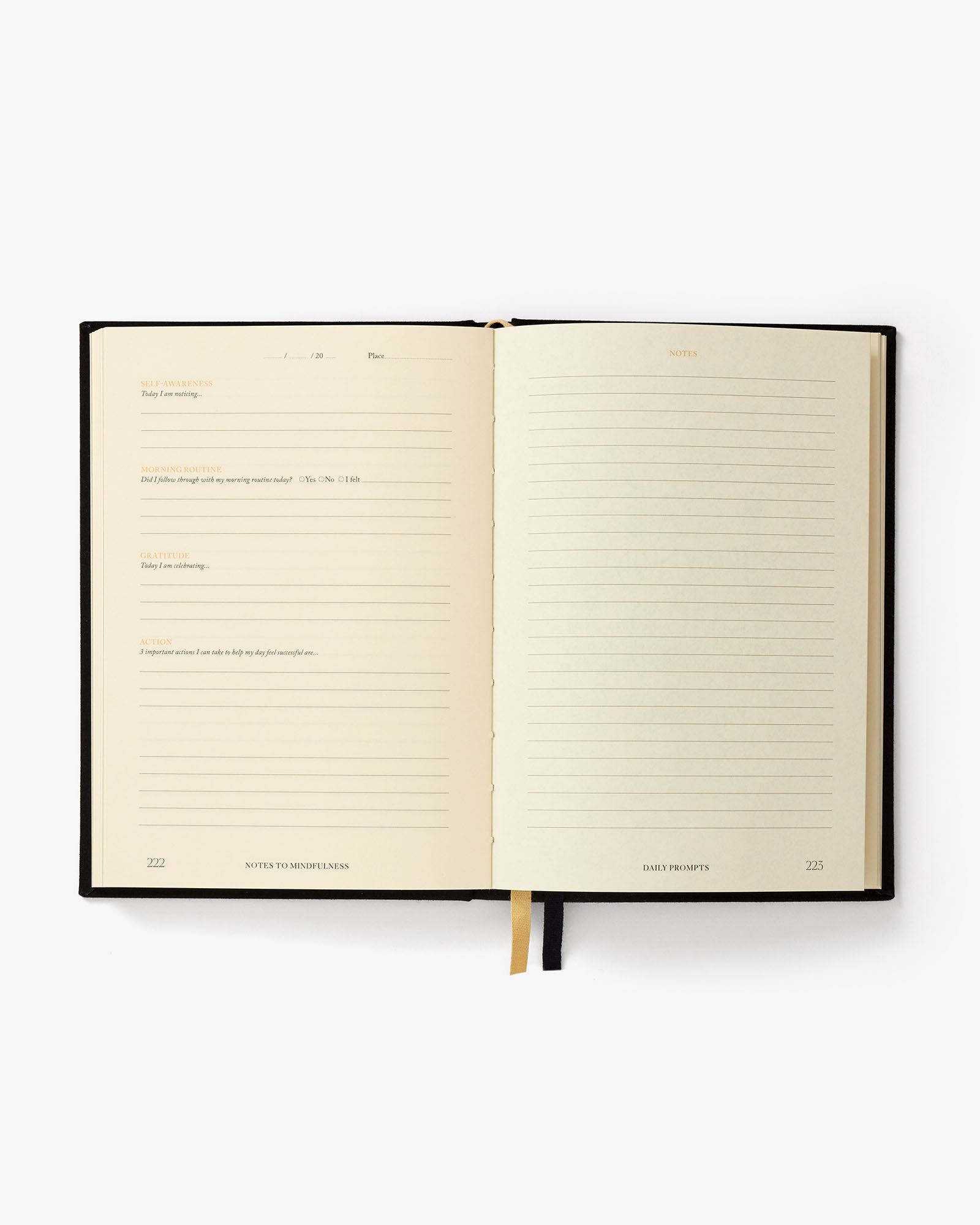 Open notebook with lined pages on a white background