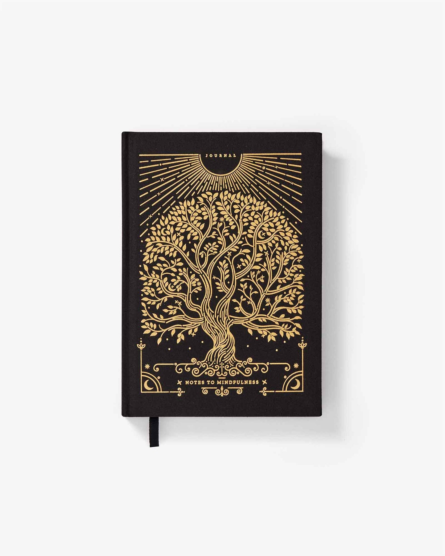 Black notebook with gold tree design on a white background