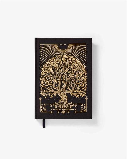 Black notebook with gold tree design on a white background