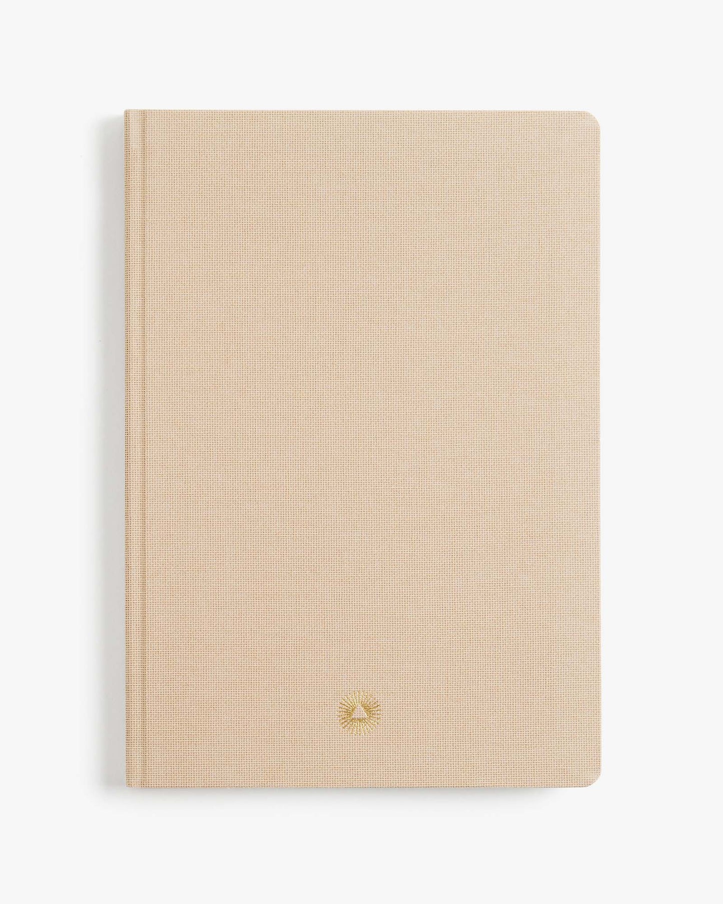 Beige notebook with a gold logo on a white background