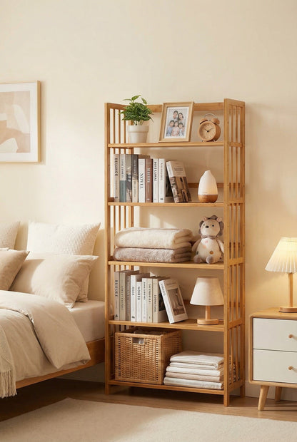 Wooden bookshelf in a bedroom with books, a plant, and decorative items.