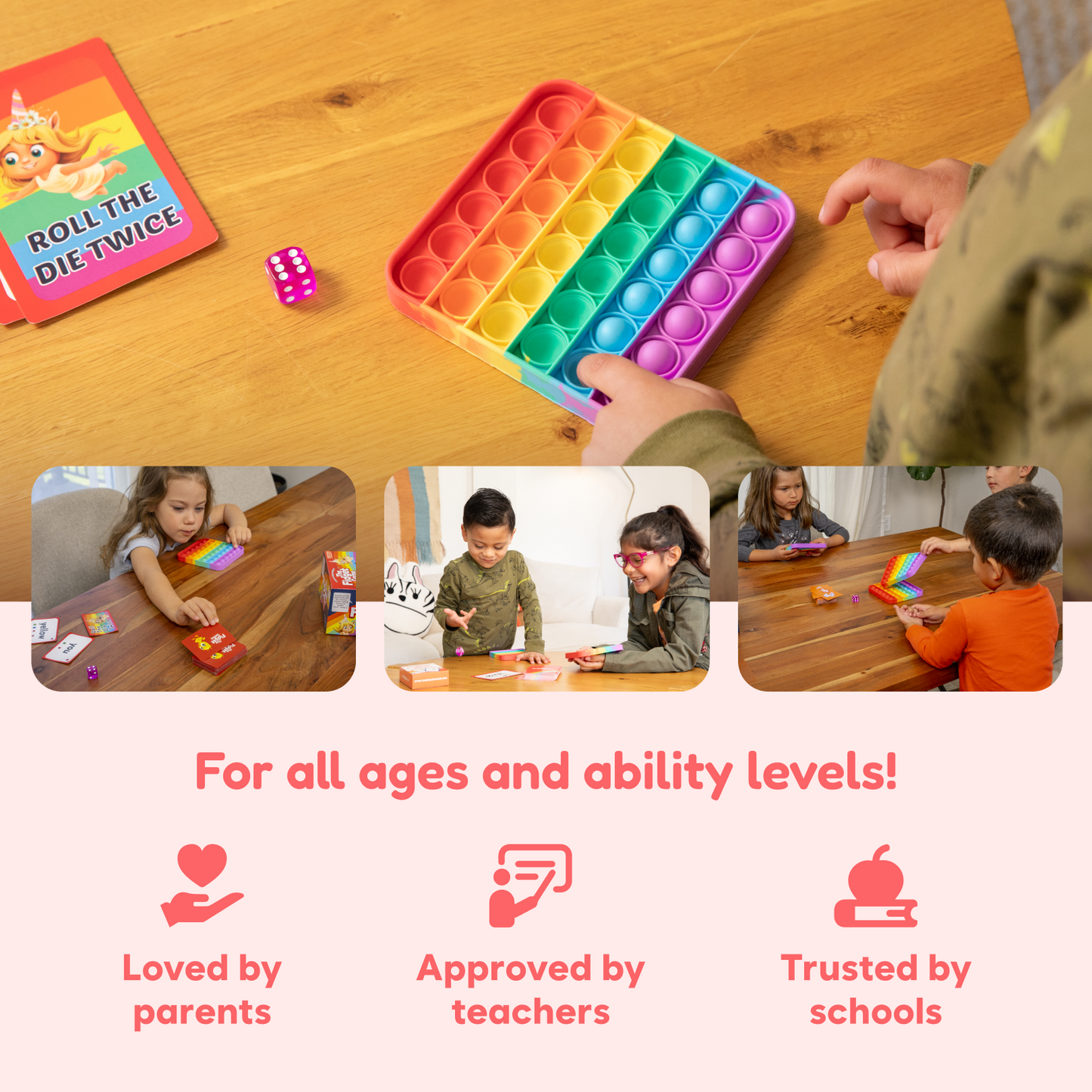 Colorful pop-it toy on a wooden table with children playing around it.