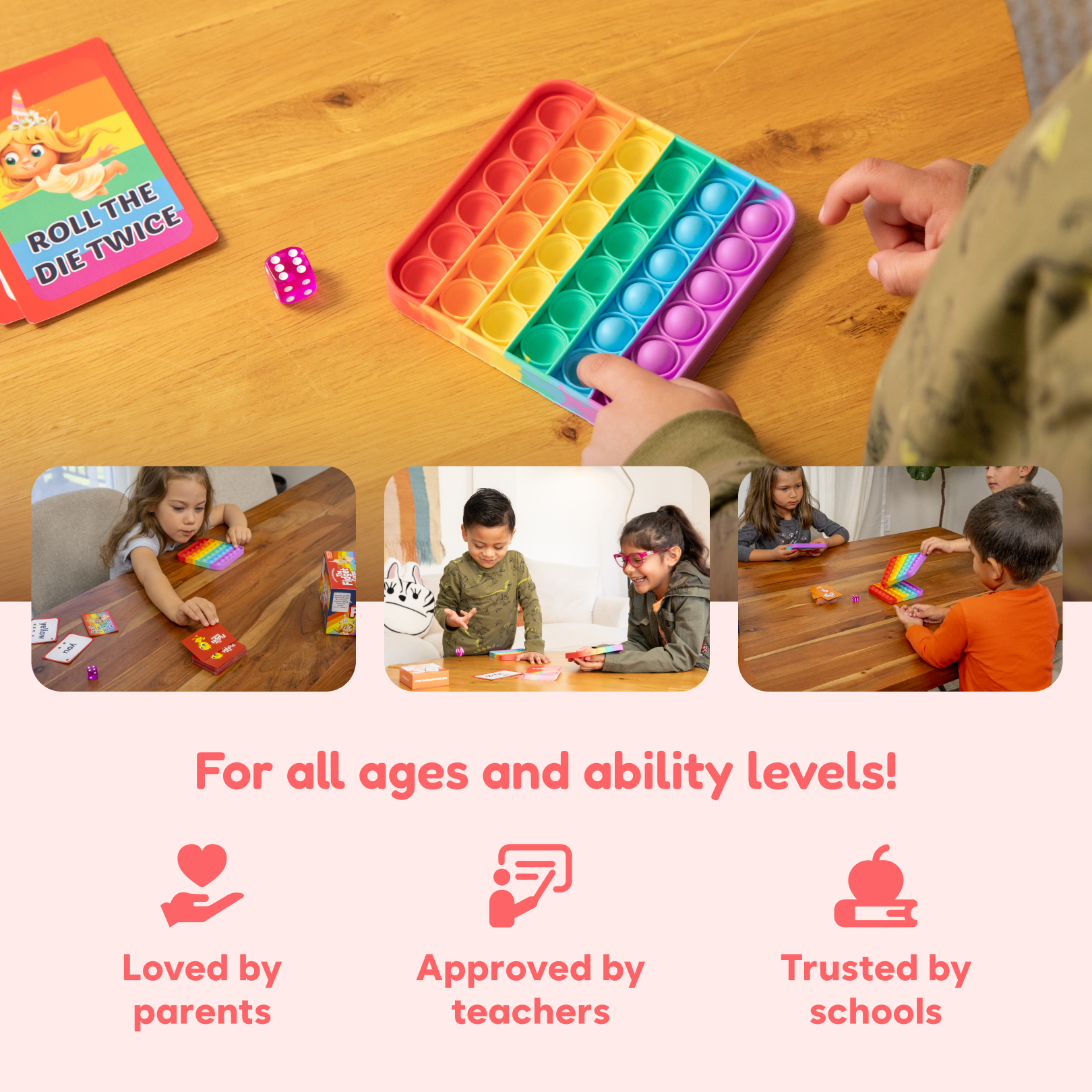 Colorful pop-it toy on a wooden table with children playing around it.