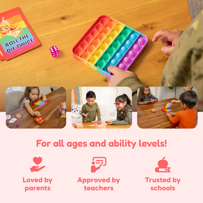 Colorful pop-it toy on a wooden table with children playing around it.