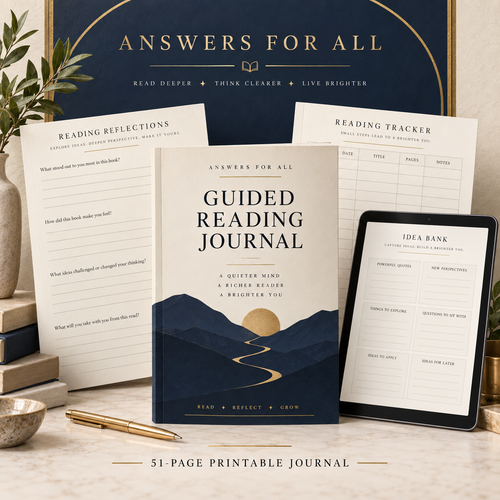 A styled flat-lay of the Answers for All Guided Reading Journal with its companion tracking sheets, an e-reader showing the idea bank, and a gold pen on a dark navy background with gold decorative elements.