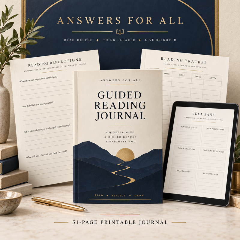 A styled flat-lay of the Answers for All Guided Reading Journal with its companion tracking sheets, an e-reader showing the idea bank, and a gold pen on a dark navy background with gold decorative elements.