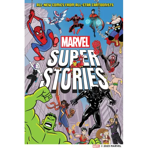 Marvel Super Stories book cover with superhero characters on a white background