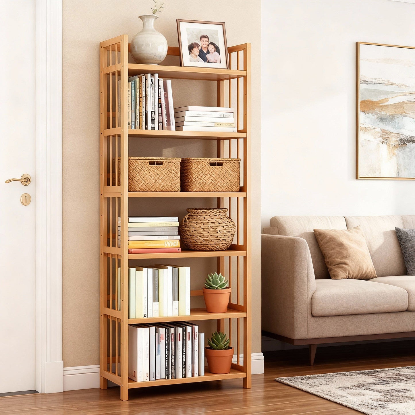 Wooden bookshelf with books and decorative items in a living room setting.