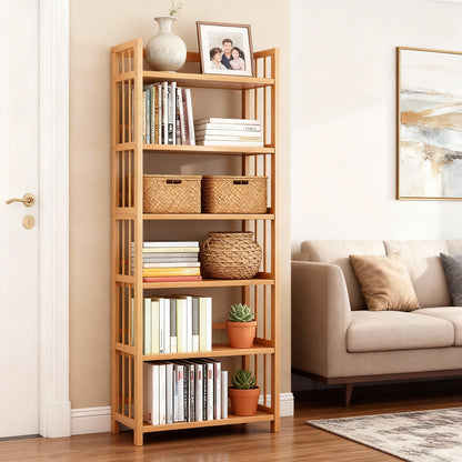 Wooden bookshelf with books and decorative items in a living room setting.