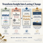 Resilient Mindset Reading Path featuring Mindset, The Antidote, Atomic Habits, and an included 30-day workbook in a four-stage Diagnose, Rewire, Anchor, and Apply sequence.