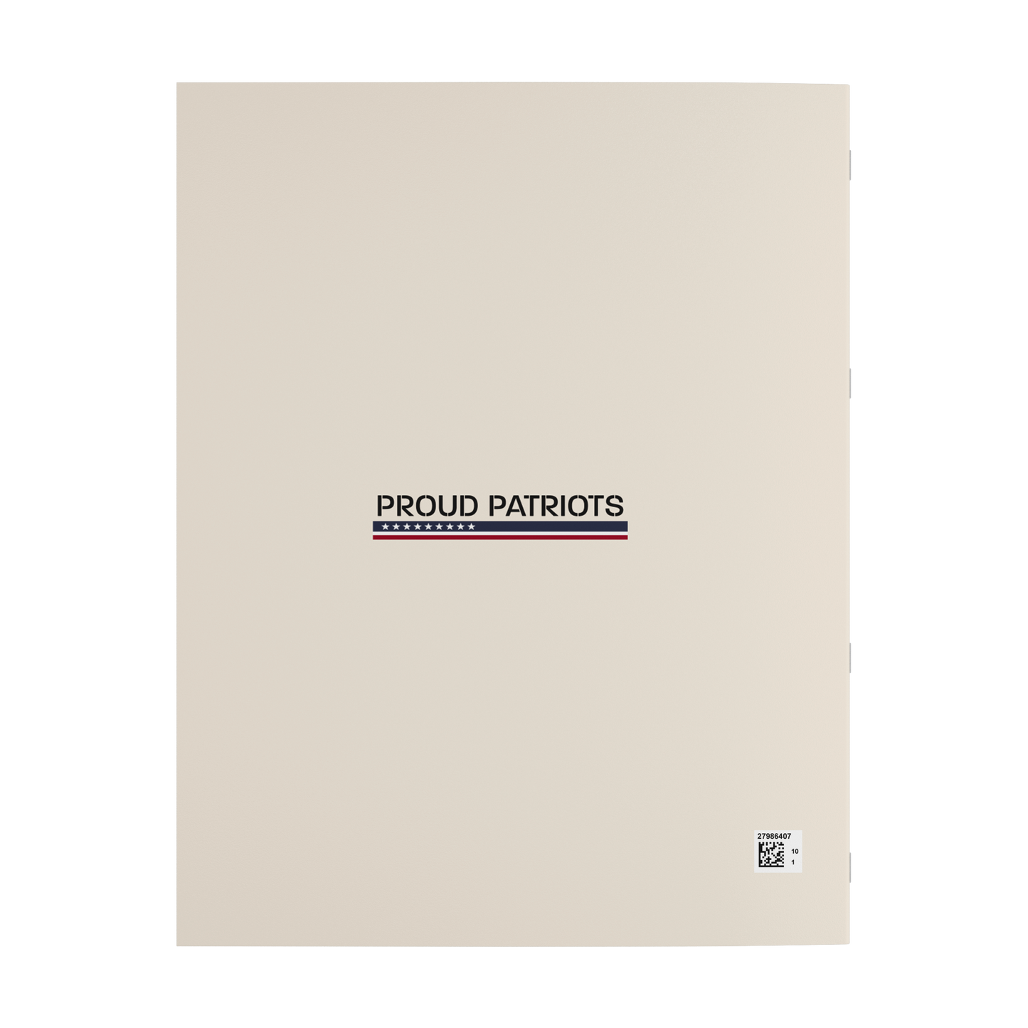 Beige notebook with 'Proud Patriots' text and logo on a white background