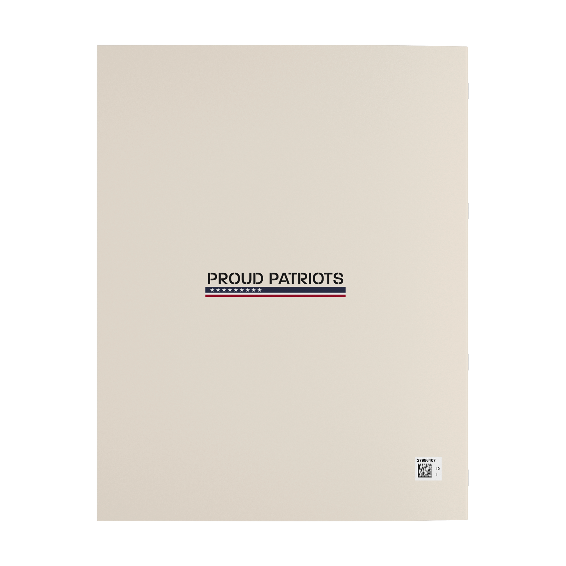 Beige notebook with 'Proud Patriots' text and logo on a white background