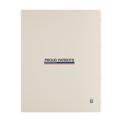 Beige notebook with 'Proud Patriots' text and logo on a white background