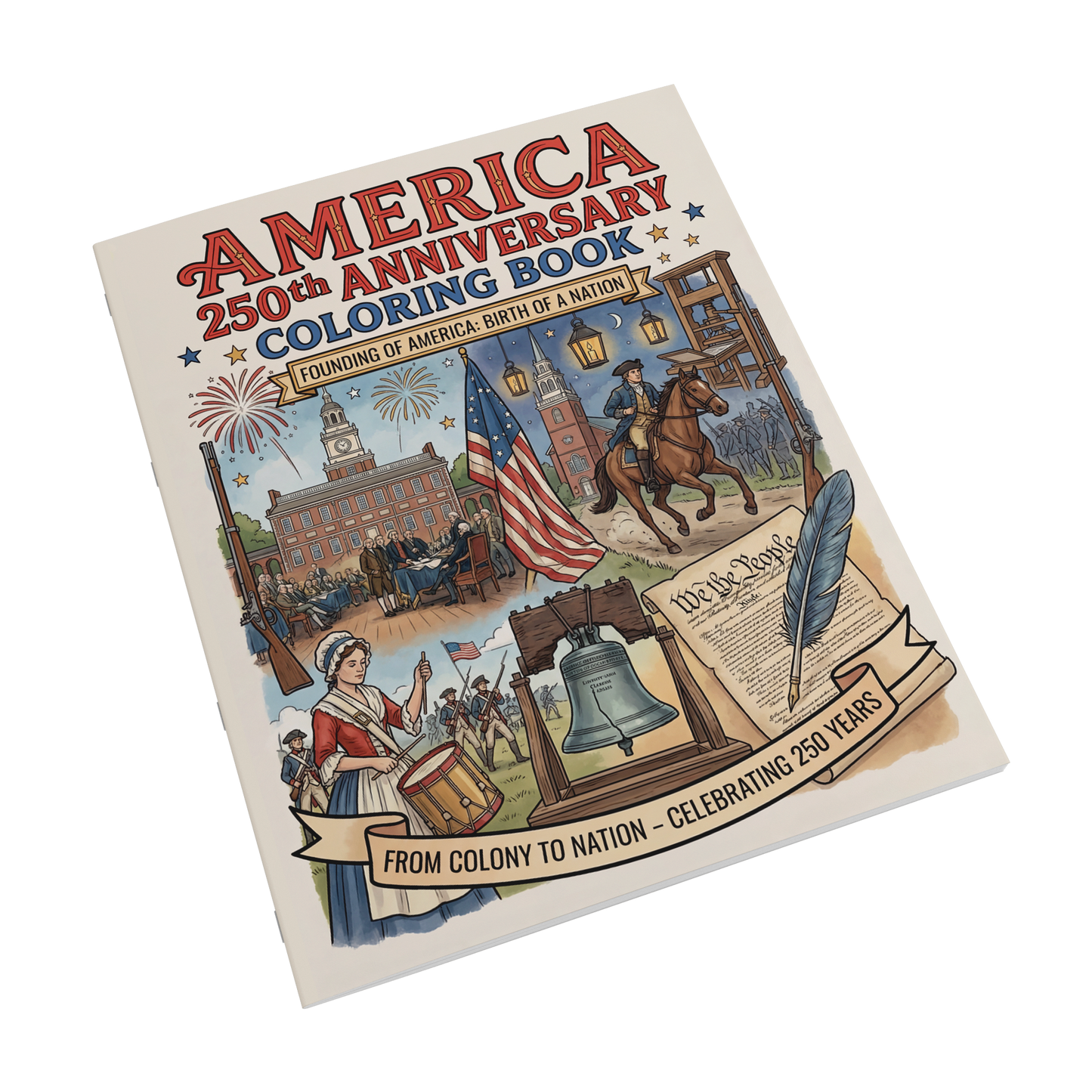 Coloring book cover celebrating America's 250th anniversary with illustrations of a colonist, flag, and bell.