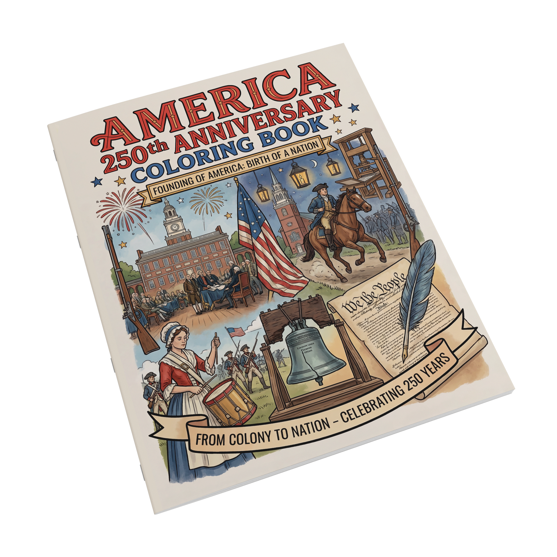 Coloring book cover celebrating America's 250th anniversary with illustrations of a colonist, flag, and bell.