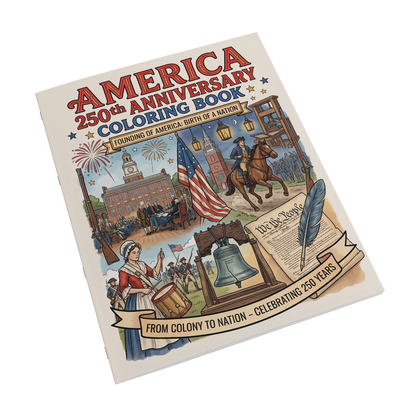 Coloring book cover celebrating America's 250th anniversary with illustrations of a colonist, flag, and bell.