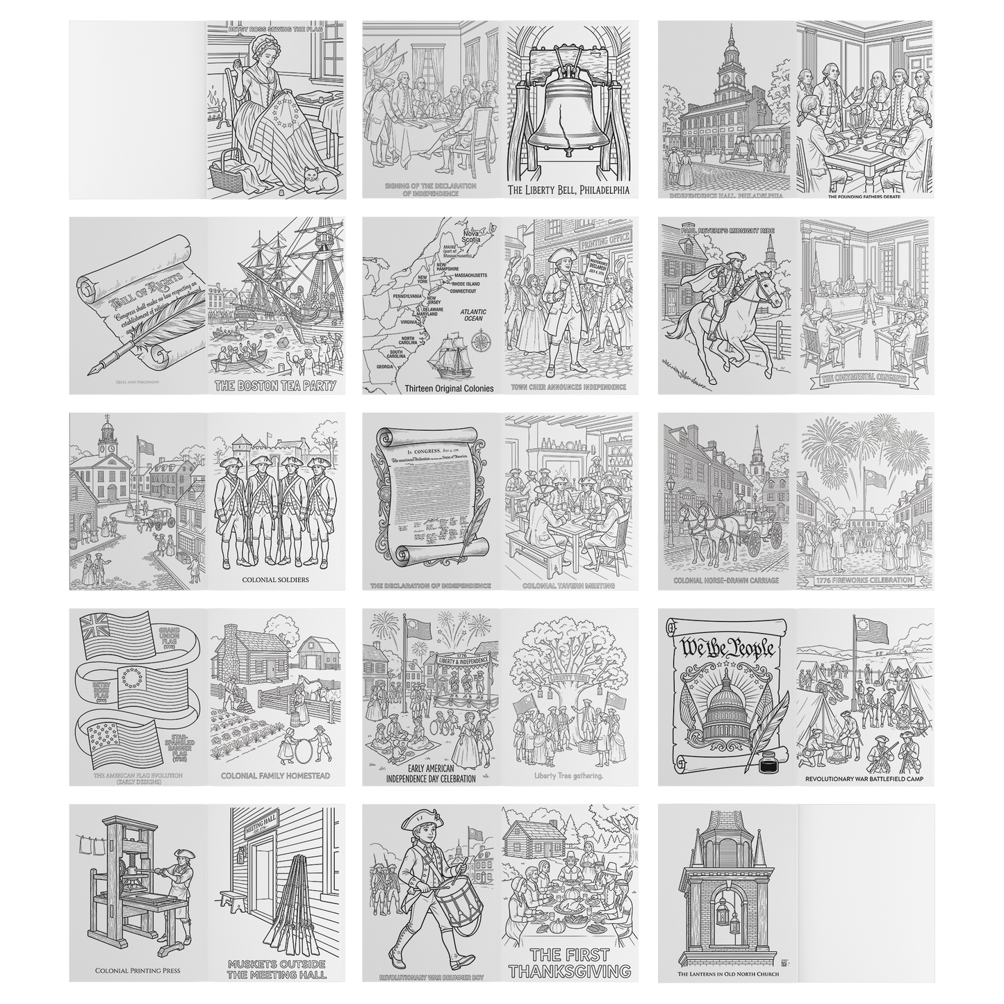 Sheet of black and white illustrations of historical scenes and objects on a white background
