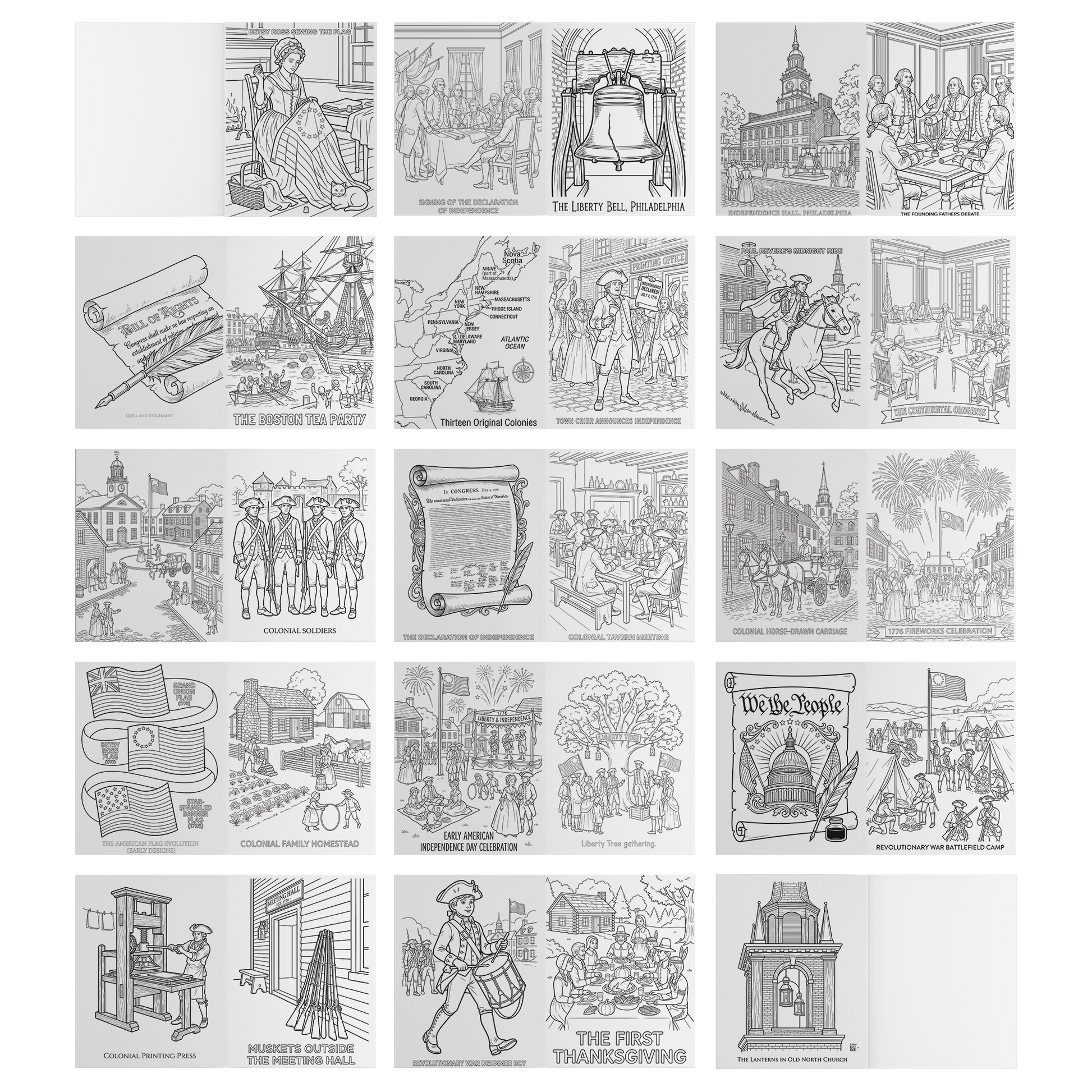 Sheet of black and white illustrations of historical scenes and objects on a white background