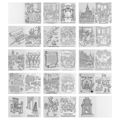 Sheet of black and white illustrations of historical scenes and objects on a white background