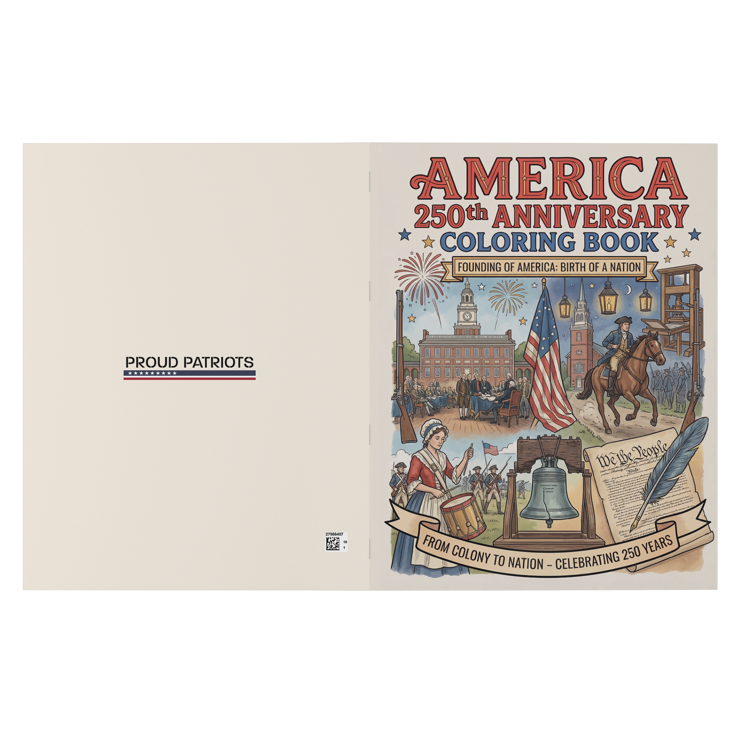 America 250th Anniversary Coloring Book with historical illustrations on a beige background