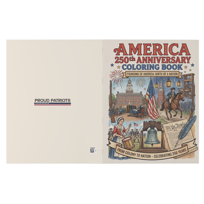 America 250th Anniversary Coloring Book with historical illustrations on a beige background