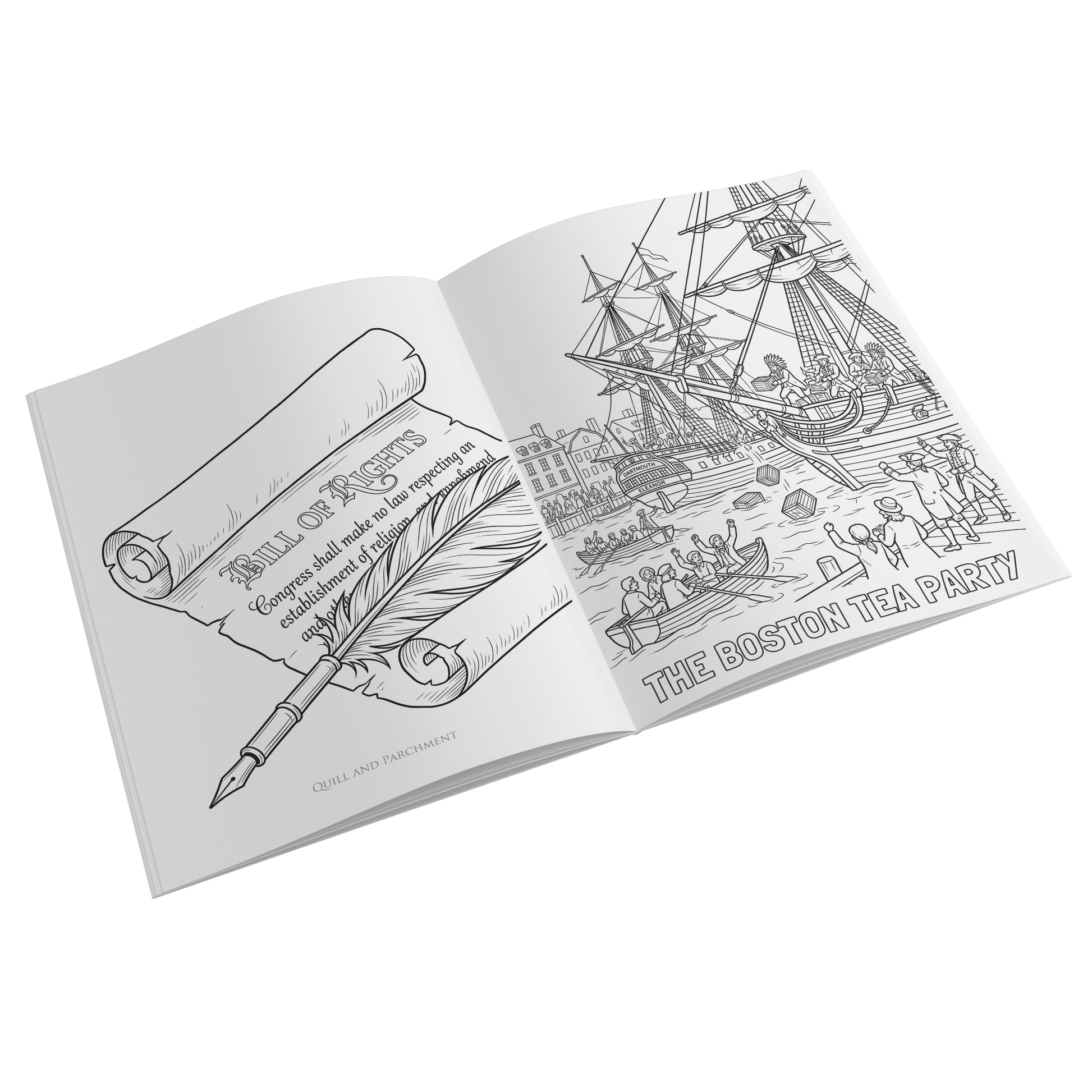 Coloring book open to pages with illustrations of a ship and a scroll on a white background