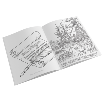 Coloring book open to pages with illustrations of a ship and a scroll on a white background