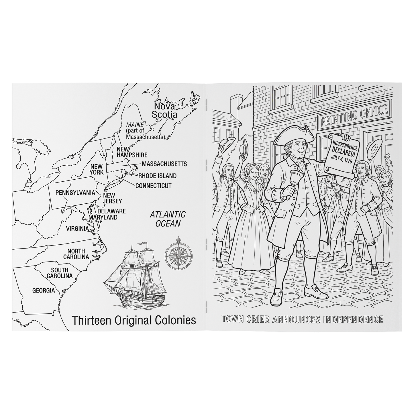 Coloring book page with map of Thirteen Original Colonies and illustration of a town crier announcing independence.